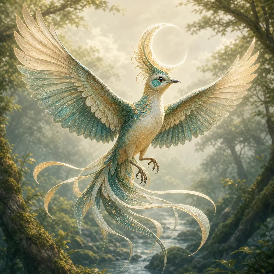 Fantasy bird with moon plume crest and ribbon tail feathers