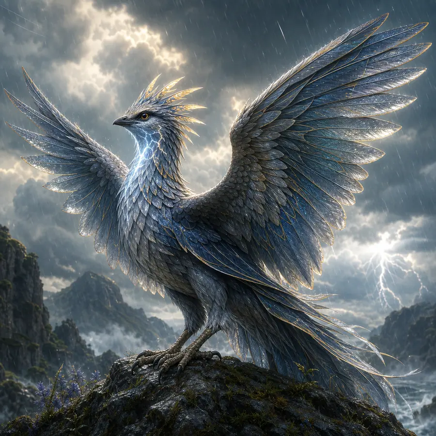 Storm bird with broad wings and glowing thunder call details