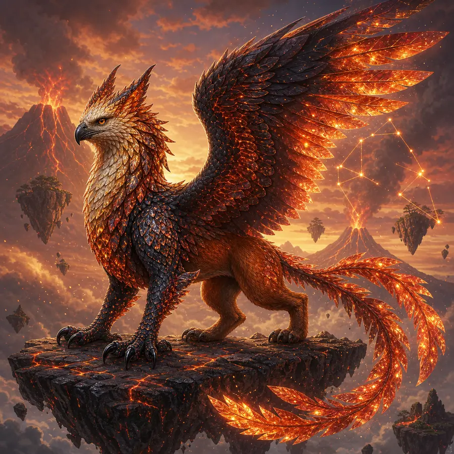 Fantasy gryphon with ember glass feathers on a floating volcanic island
