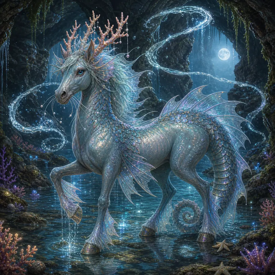 Aquatic fantasy kelpie with coral antlers and moonlit water ribbons