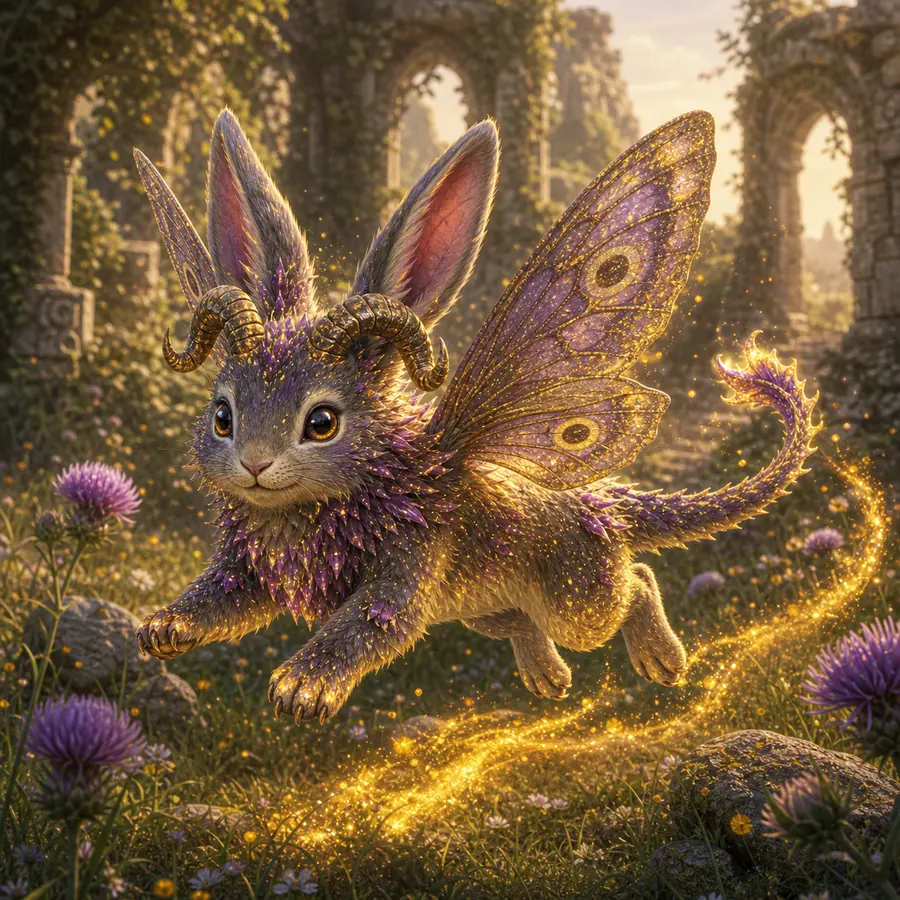 Tiny rabbit-like fantasy creature with moth wings and glowing thistle fur