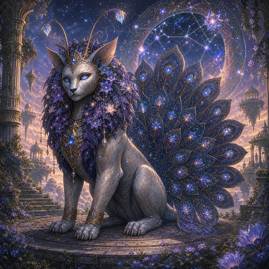 Elegant sphinx-like fantasy creature with peacock tail and starlit flower mane