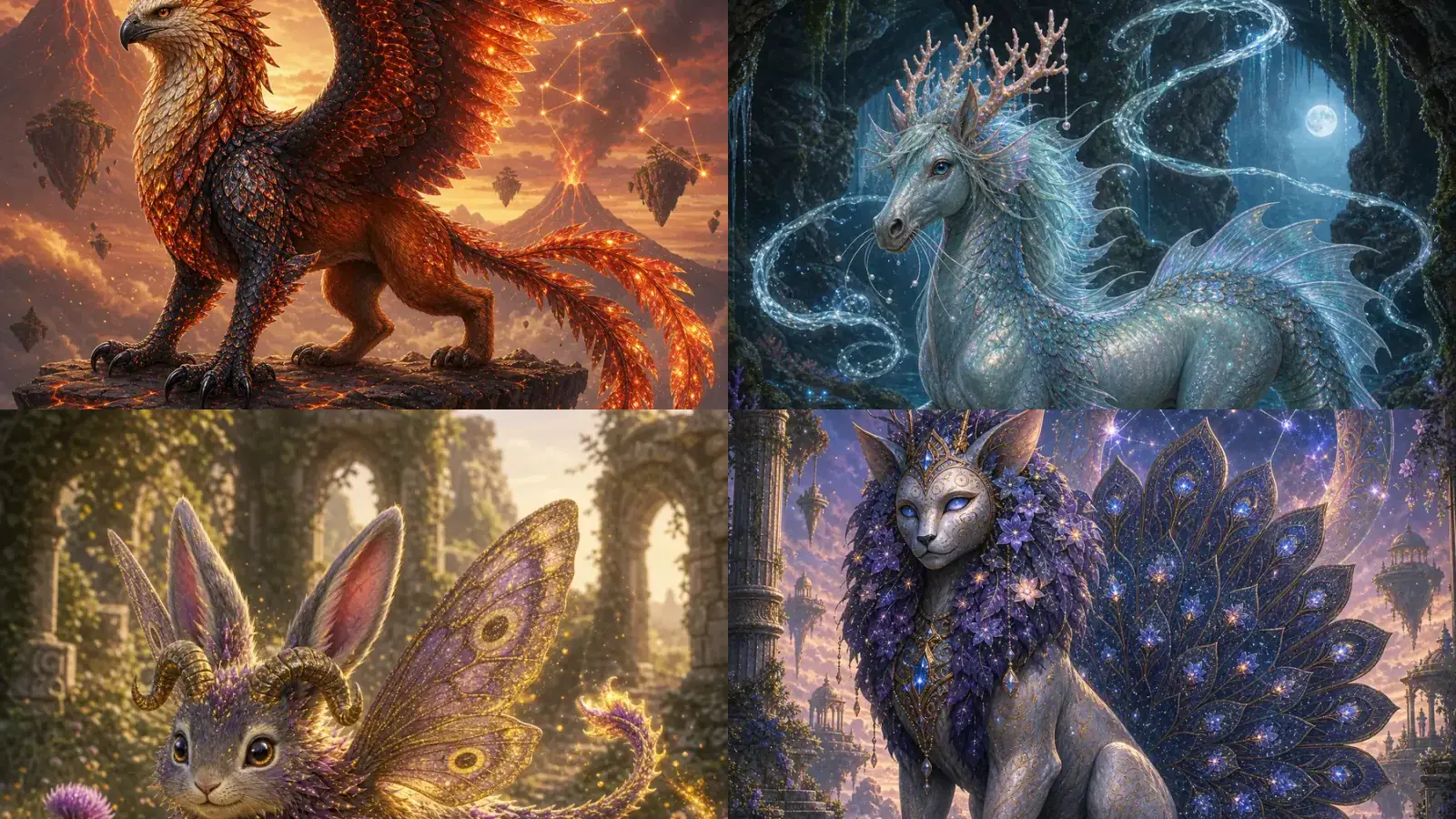 Collage of mythic hybrid examples generated by the Random Fantasy Creature Generator