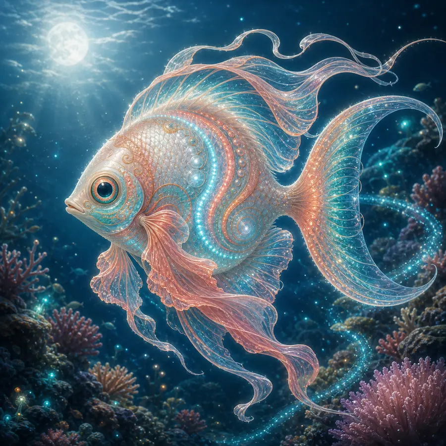 Moon-disc fantasy fish with pearl scales in a moonlit reef