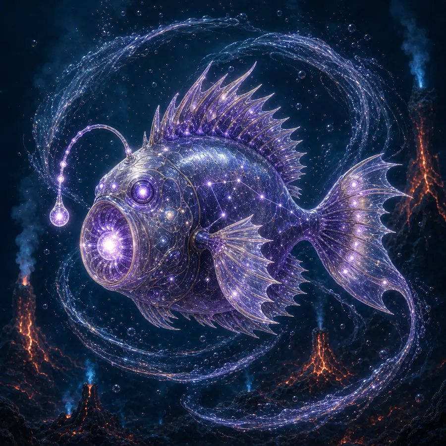 Rounded deep-sea fish with glass scales and lantern lure