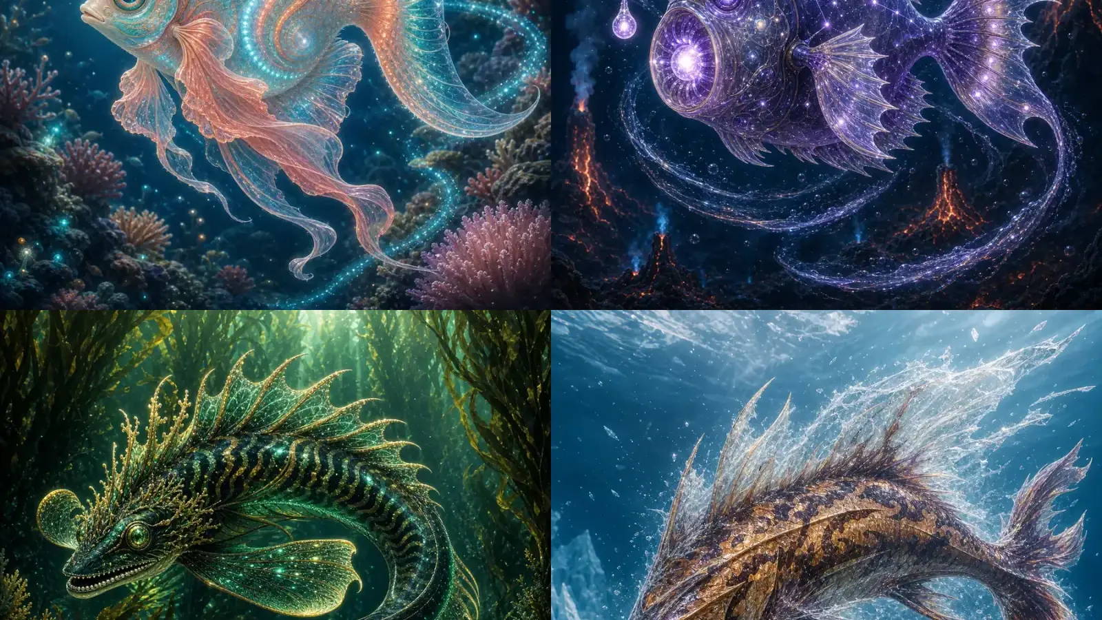 Collage of fantasy fish examples generated by the Random Fish Generator