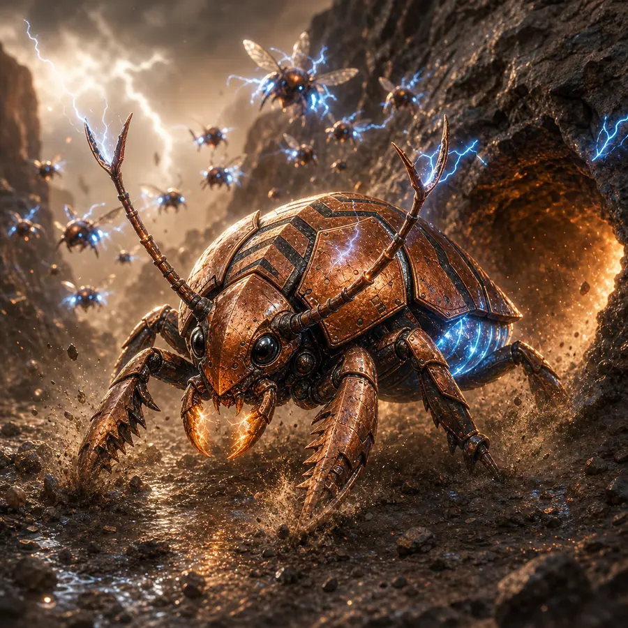 Copper armored beetle-like insect with static spark defense