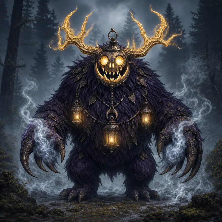 Purple fantasy monster with golden horns and glowing lantern eyes