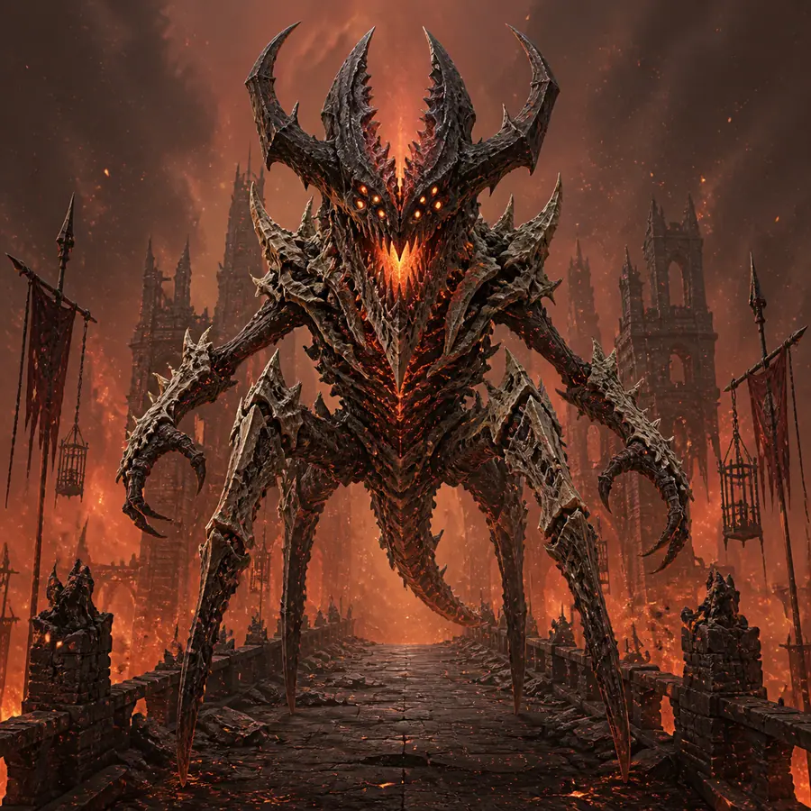 Red cave monster with ember maw and jagged crown horns