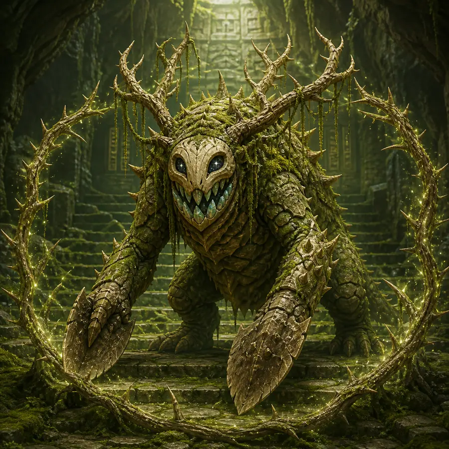 Green guardian monster with thorn horns and moss-covered hide