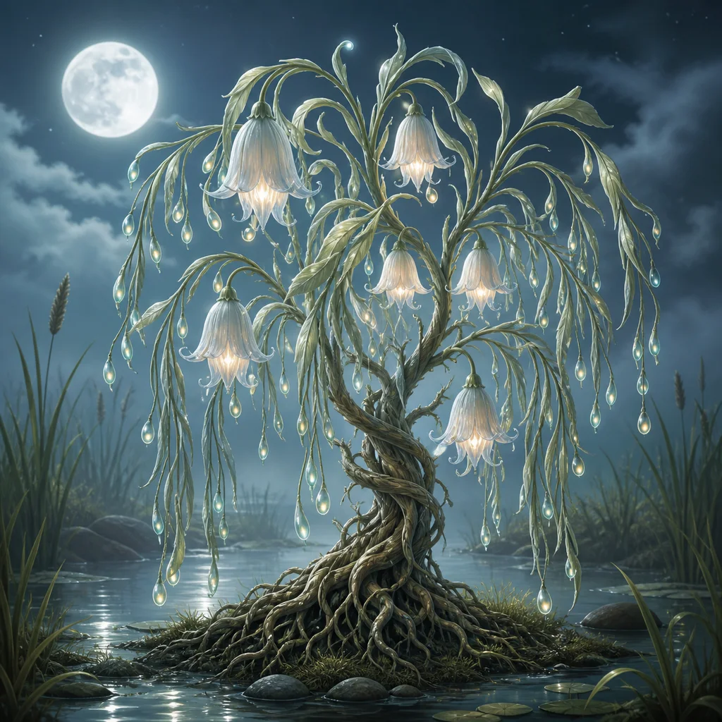 Fantasy moonlit willow plant with glowing bell flowers and drooping ribbon leaves