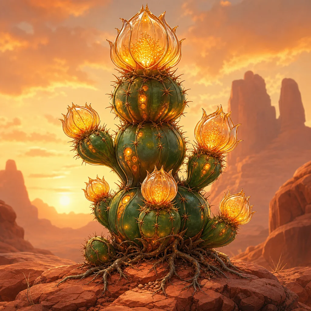 Desert fantasy cactus plant with amber lantern blossoms and stacked succulent stems