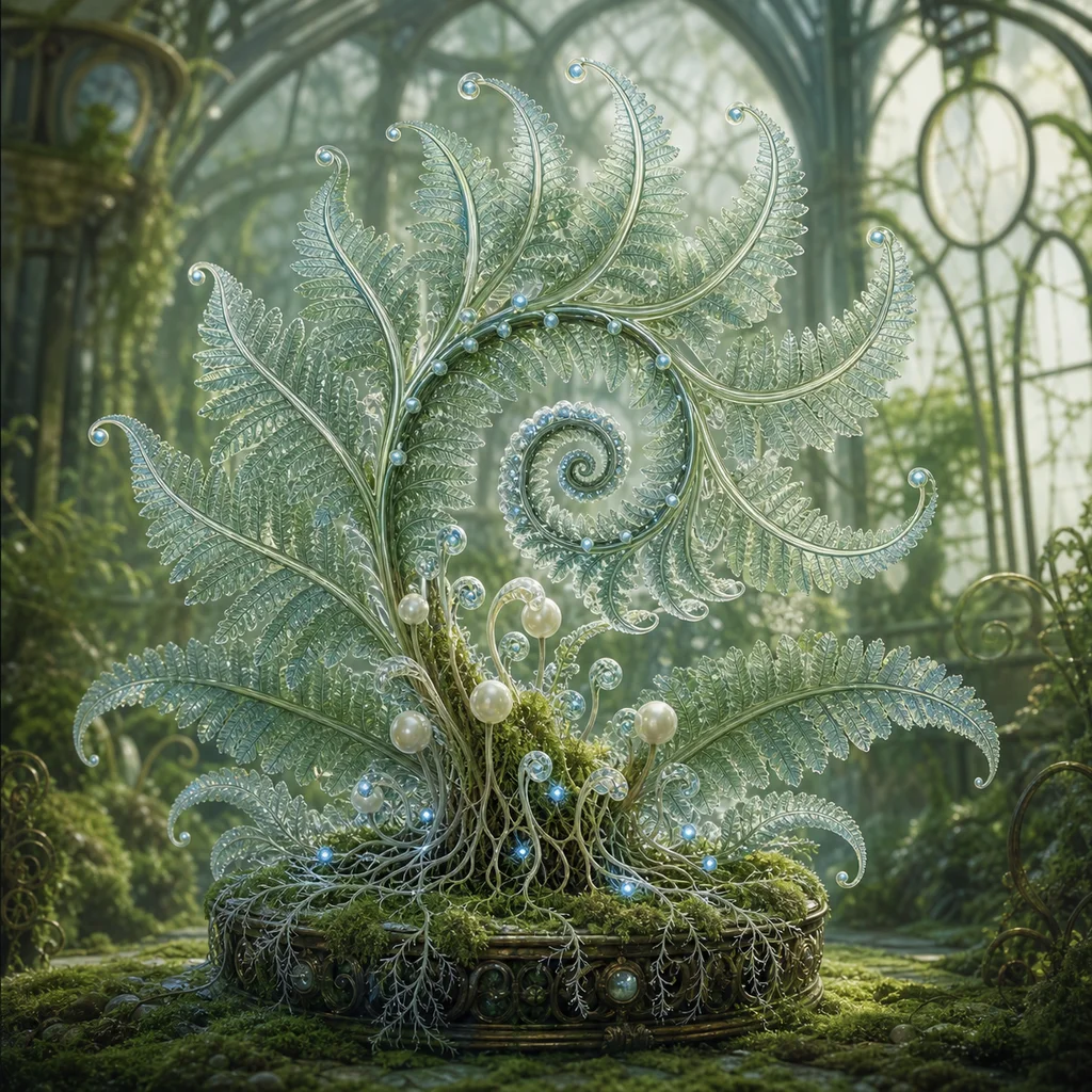 Greenhouse fantasy fern with translucent spiral fronds, pearl seed pods, and mossy roots