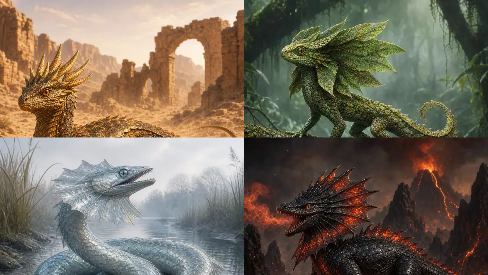 Collage of fantasy reptile examples generated by the Random Reptile Generator