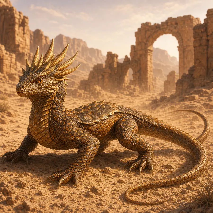 Fantasy desert reptile with bronze plate scales and crown horn crest