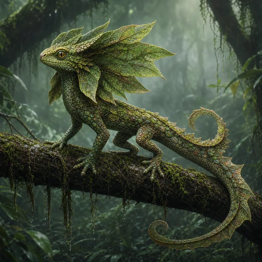 Green jungle reptile with mossy scales and leaf mimic crest