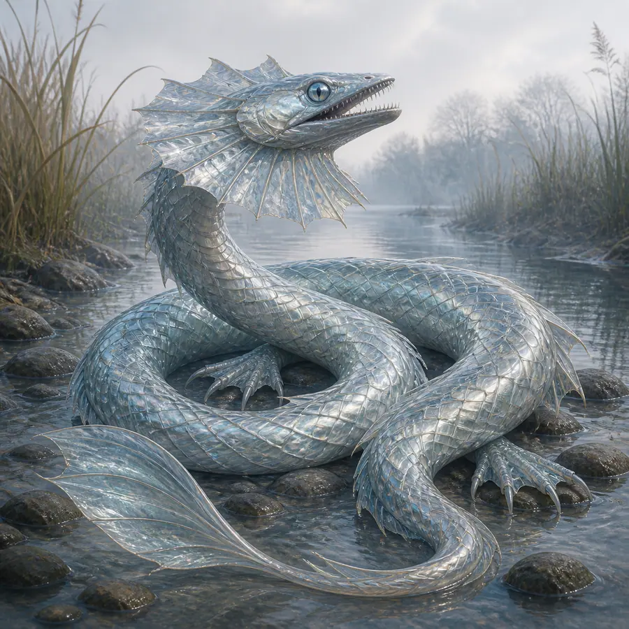 Blue river serpent reptile with glass scales and ribbon tail