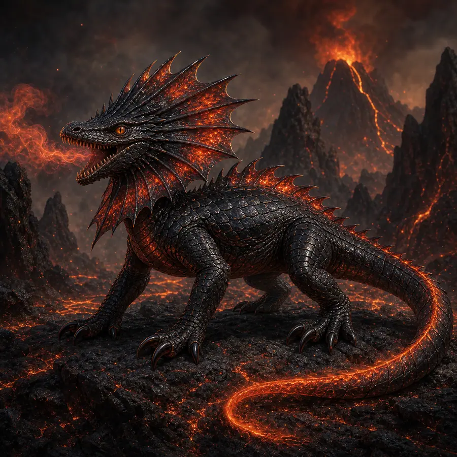 Volcanic reptile with ember spine crest and glowing tail