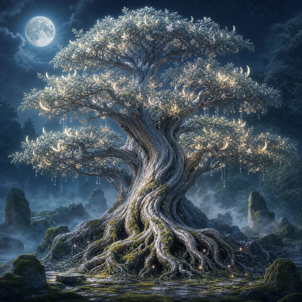 Moonlit fantasy guardian tree with silver bark, glowing crescent leaves, and exposed roots