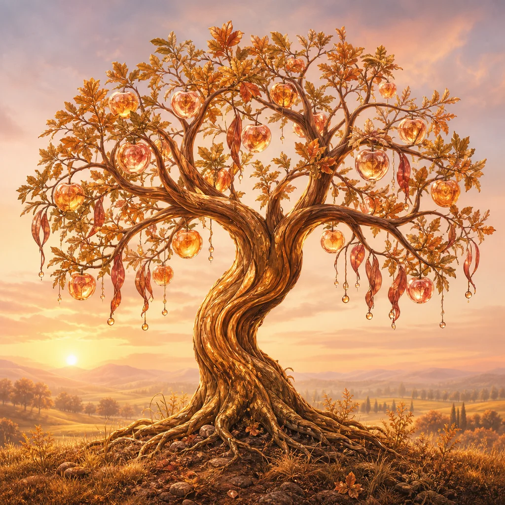 Golden fantasy orchard tree with amber bark, glass apple fruits, and copper leaves
