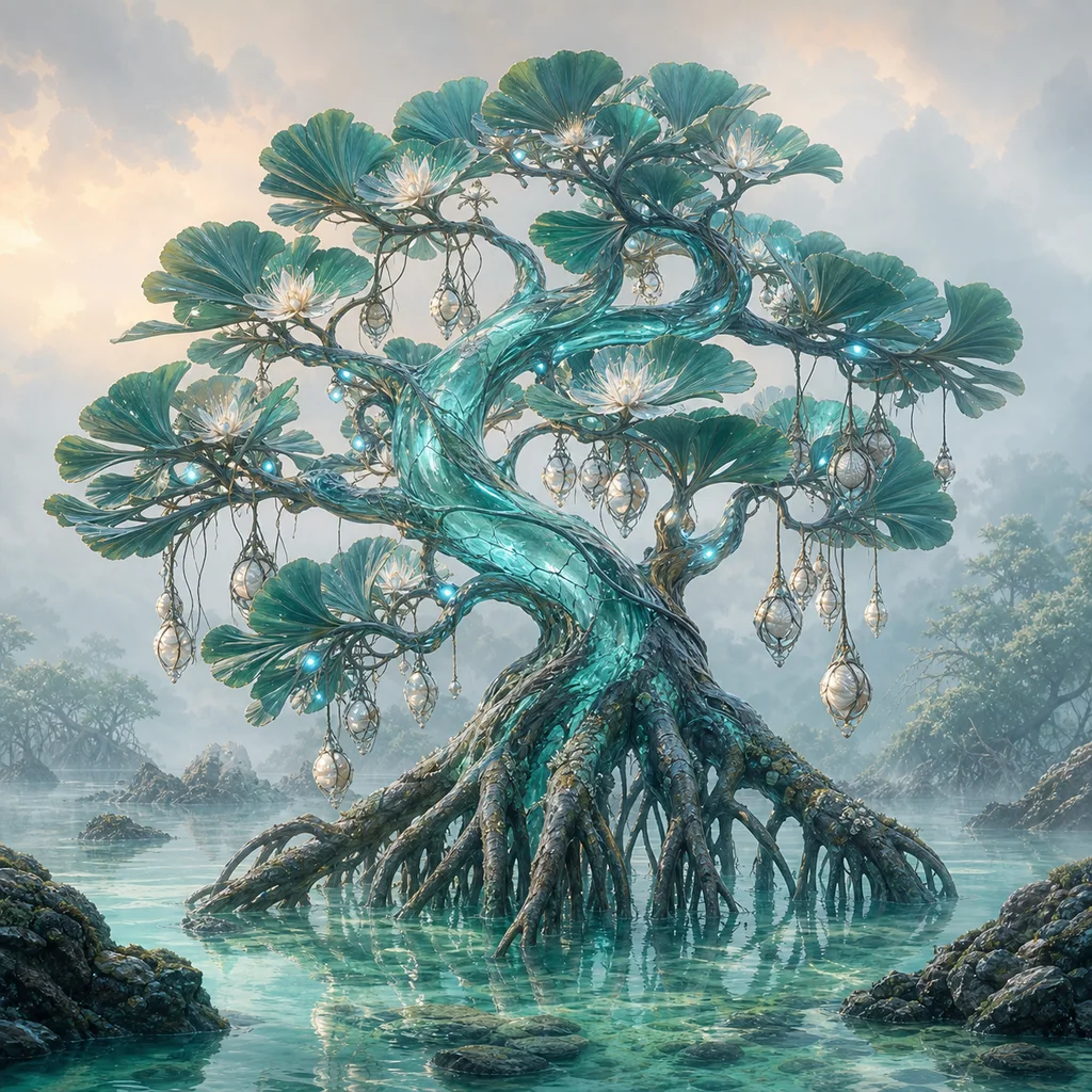 Aquatic fantasy mangrove tree with teal glass bark, fan leaves, shell seed pods, and stilt roots